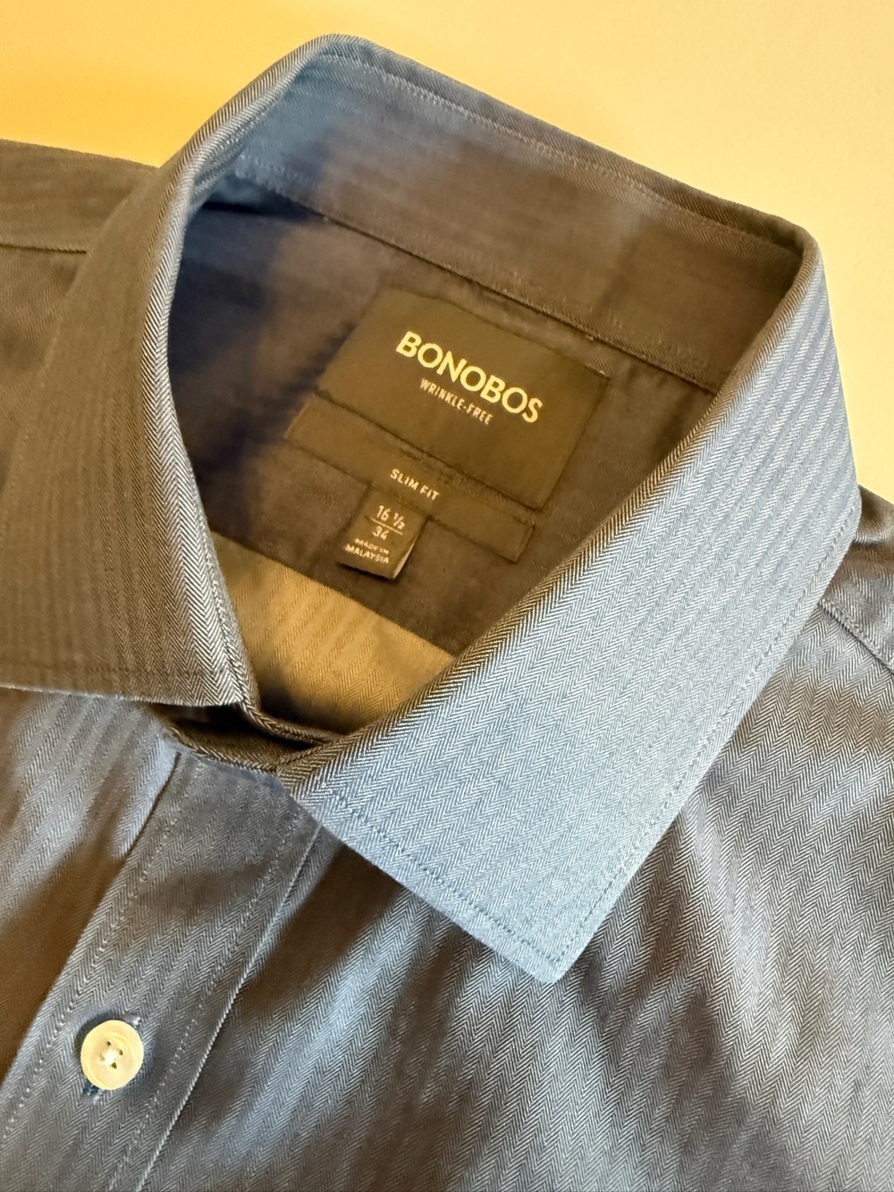 Bonobos Men’s Slim Fit Wrinkle-Free Dress Shirt – Size 16½/34 – Blue Herringbone